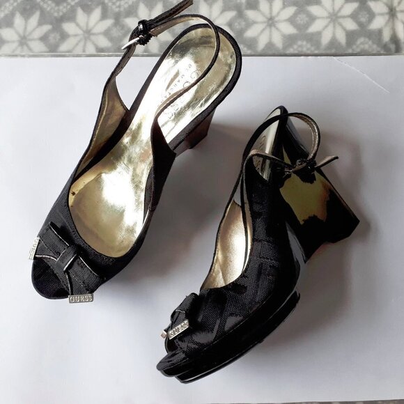 Guess black fabric open back wedge sandal shoe 6M - Picture 3 of 7
